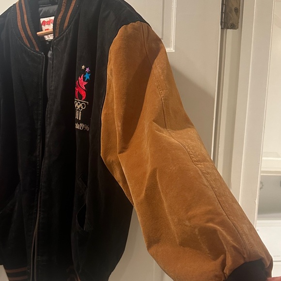 Vintage- Atlanta Olympic Games 1996 Suede Jacket -Black and Tan Bomber Jacket - Picture 9 of 16